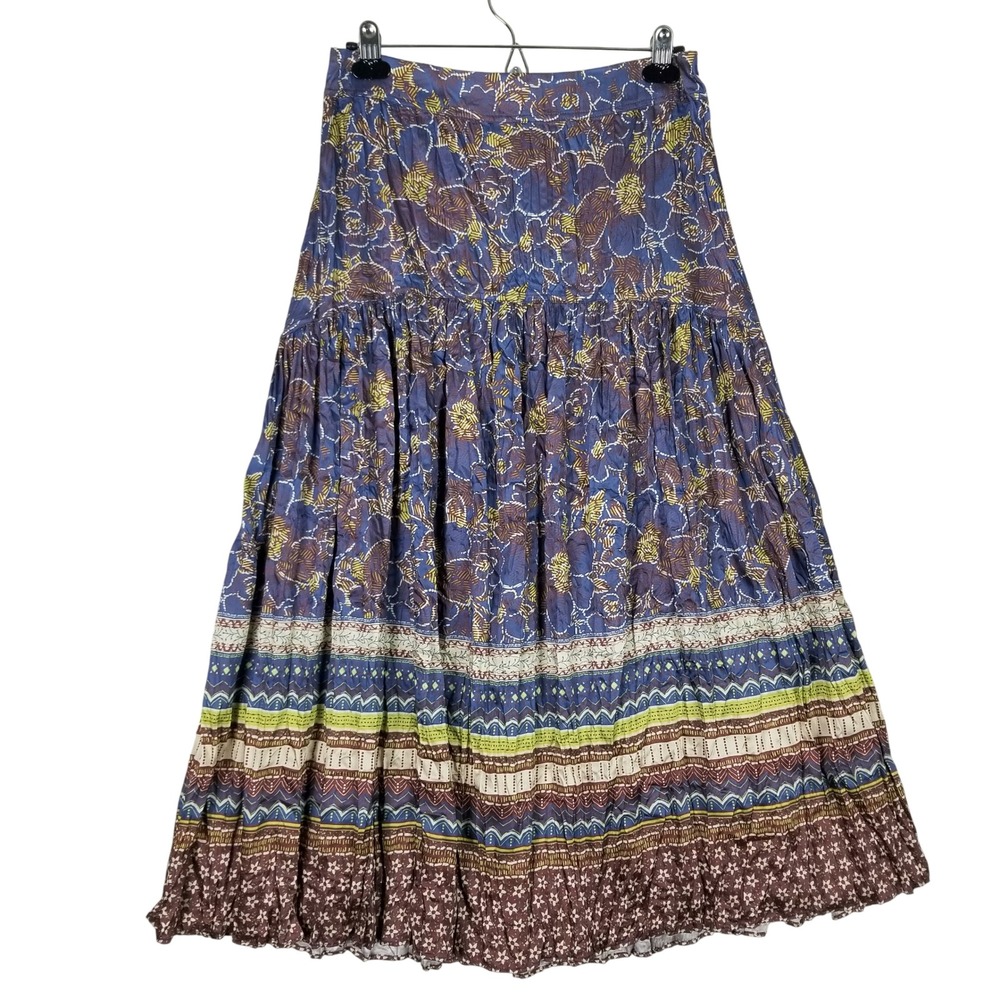 Current Air Midi Skirt Women Size Large Blue Brown Border Print Dropped Waist
